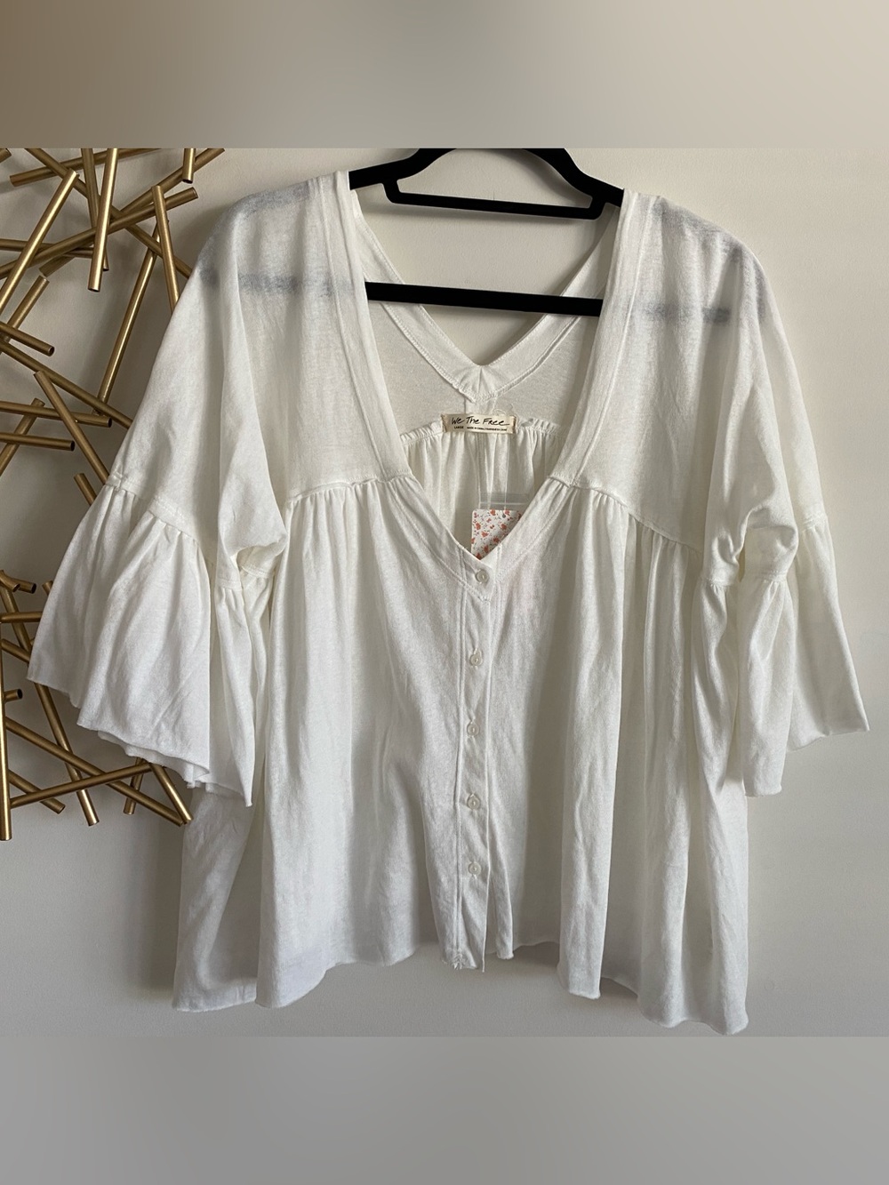 NWT Free People Ivory Fluttery Sleeve Babydoll Cropped Button Up Tee Shirt - L